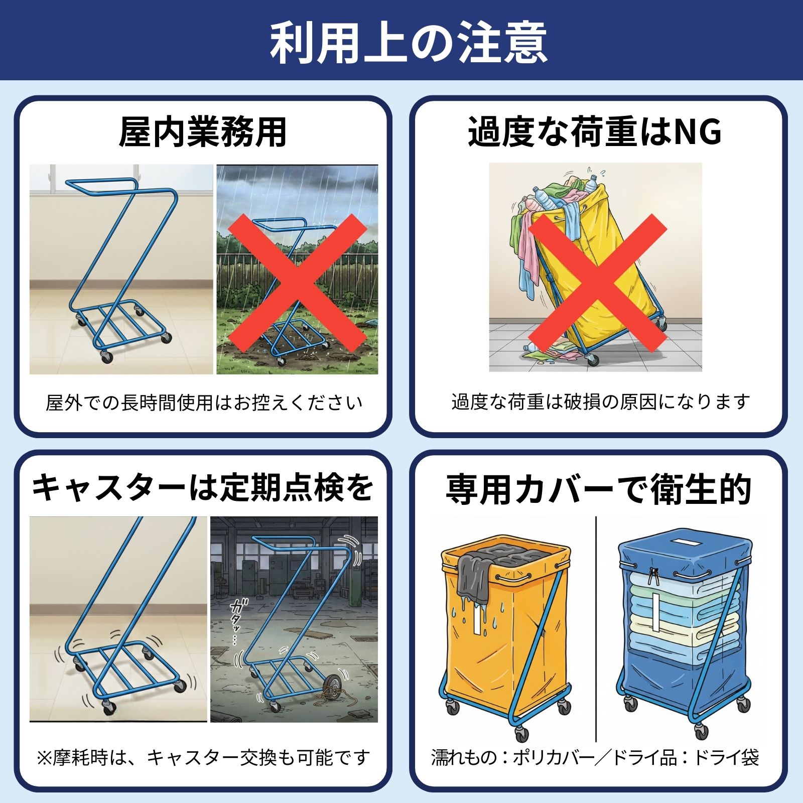 利用上の注意：屋内業務用、過度な荷重NG、キャスター定期点検、専用カバーで衛生的