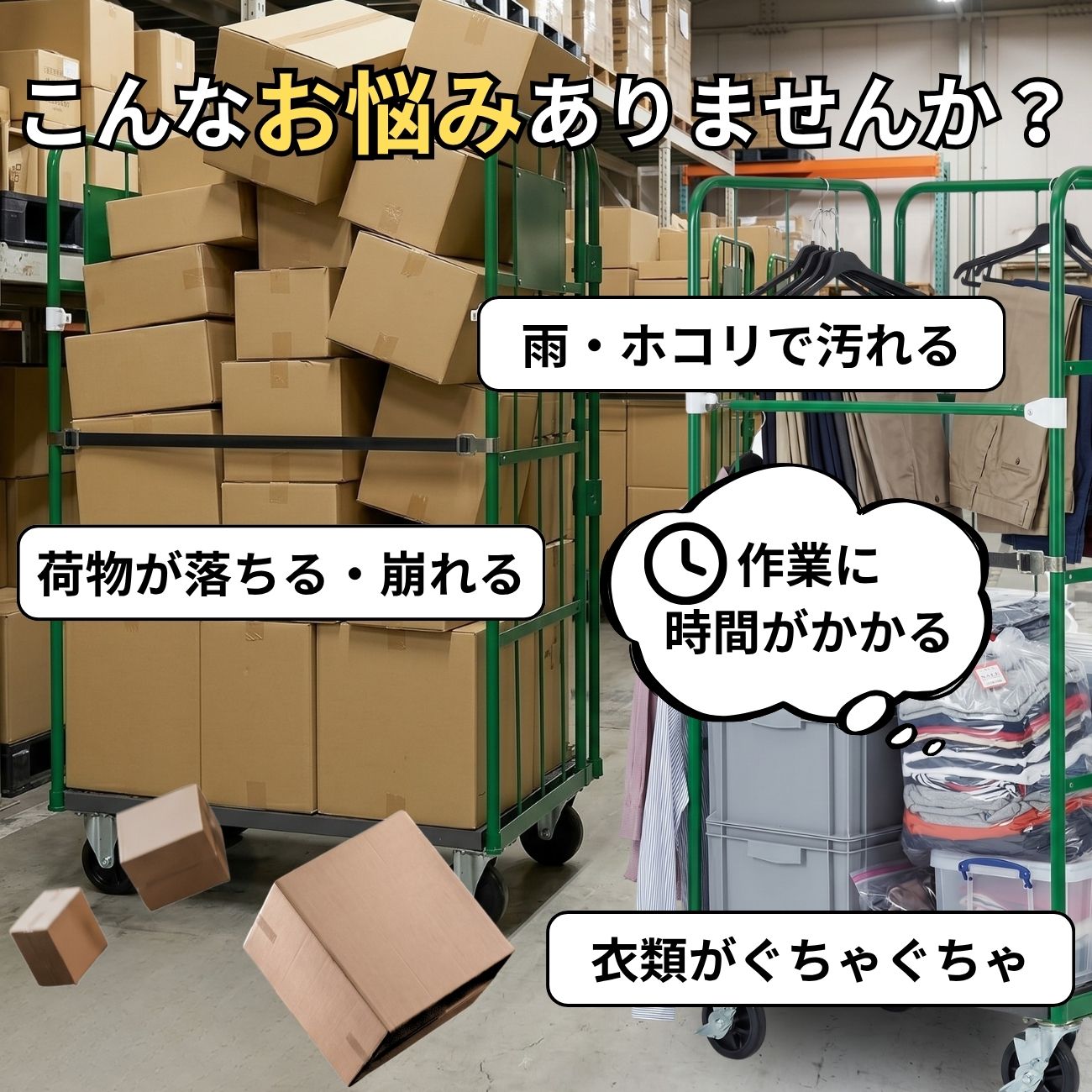 カゴ台車の雨・埃・荷崩れのお悩み